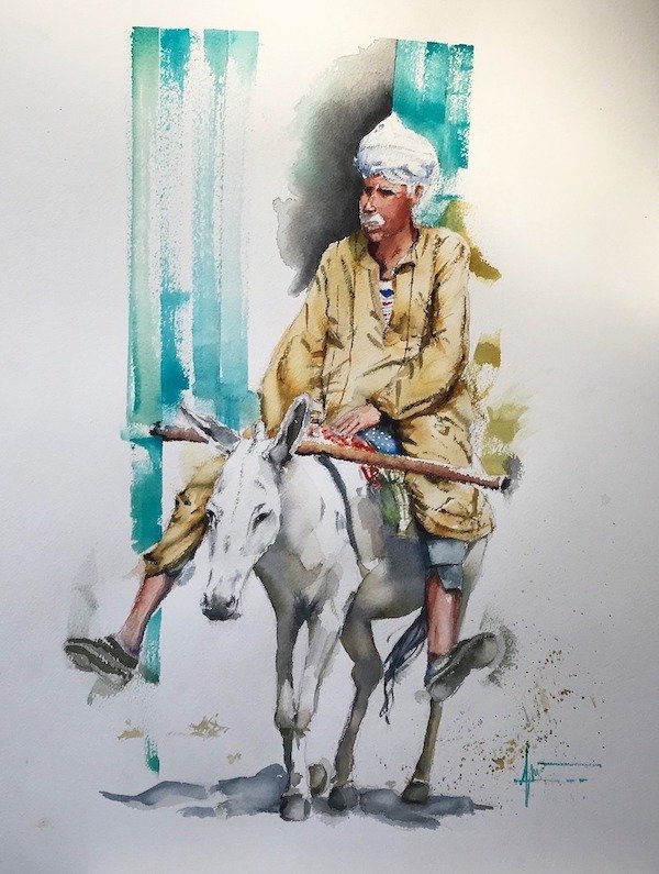 Aquarelle de Thomas Favier : Egyptien sur son âne